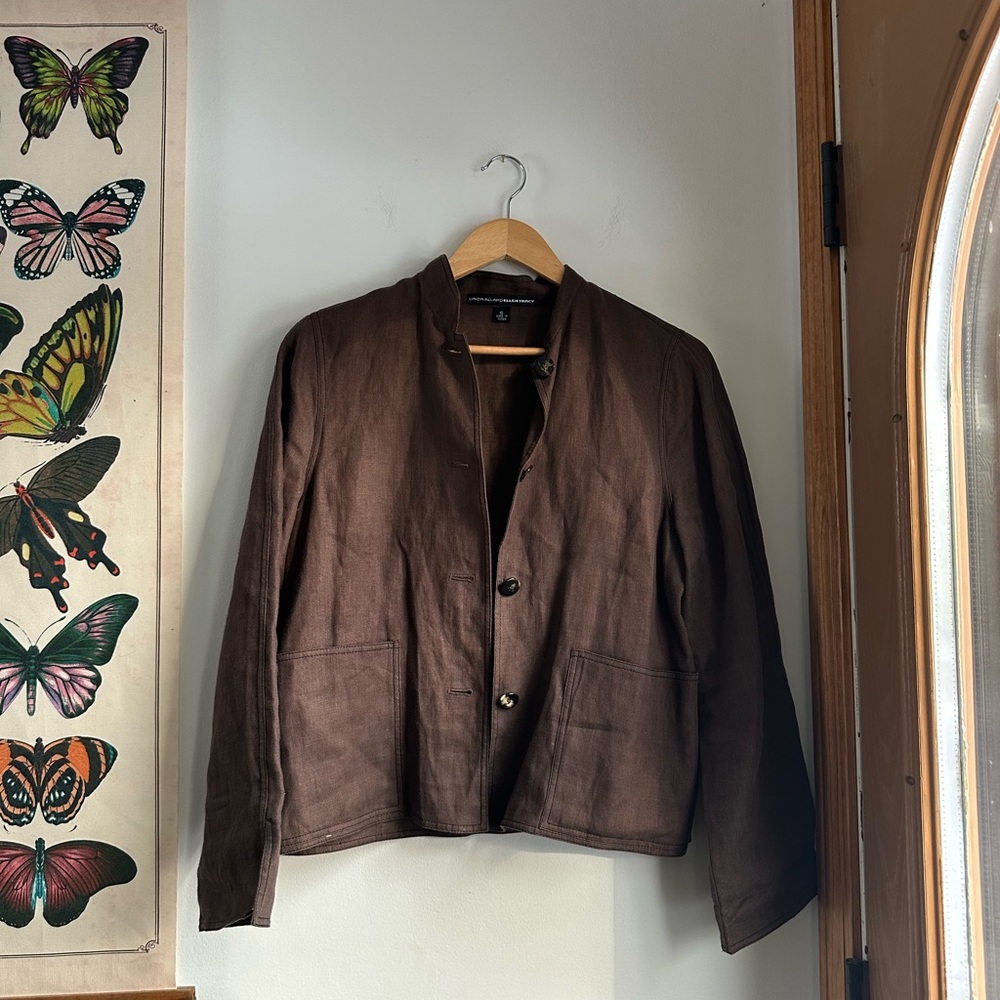 Linda Allard Ellen Tracy Brown 100% Linen Button-Up Jacket